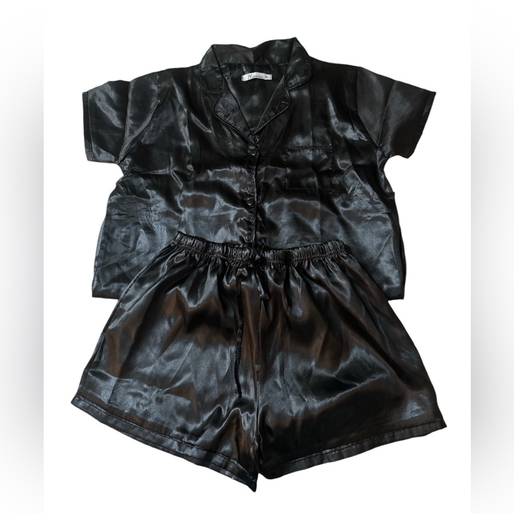 Women JV joan vass black shine two piece pajama set size M - Picture 2 of 6
